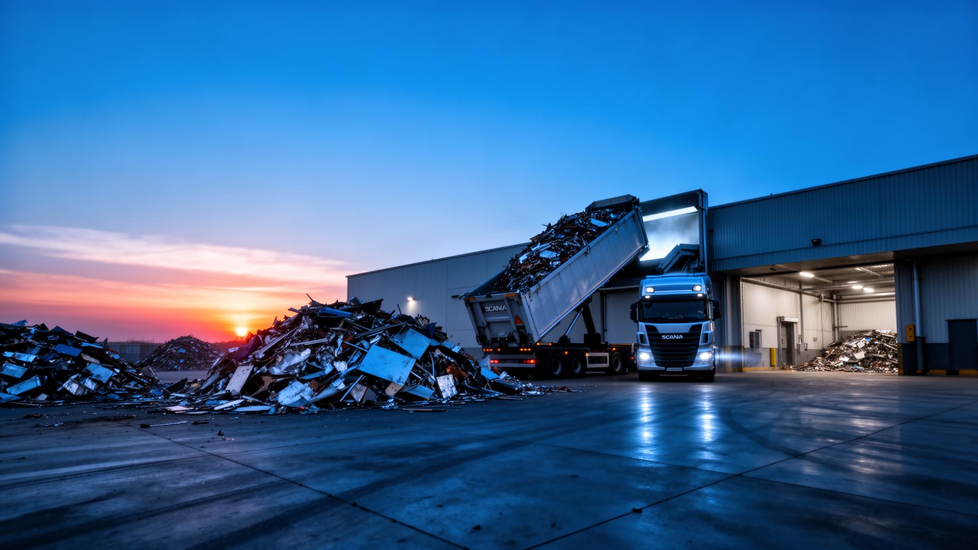 Caminhão descarregando sucata em pátio industrial ao entardecer